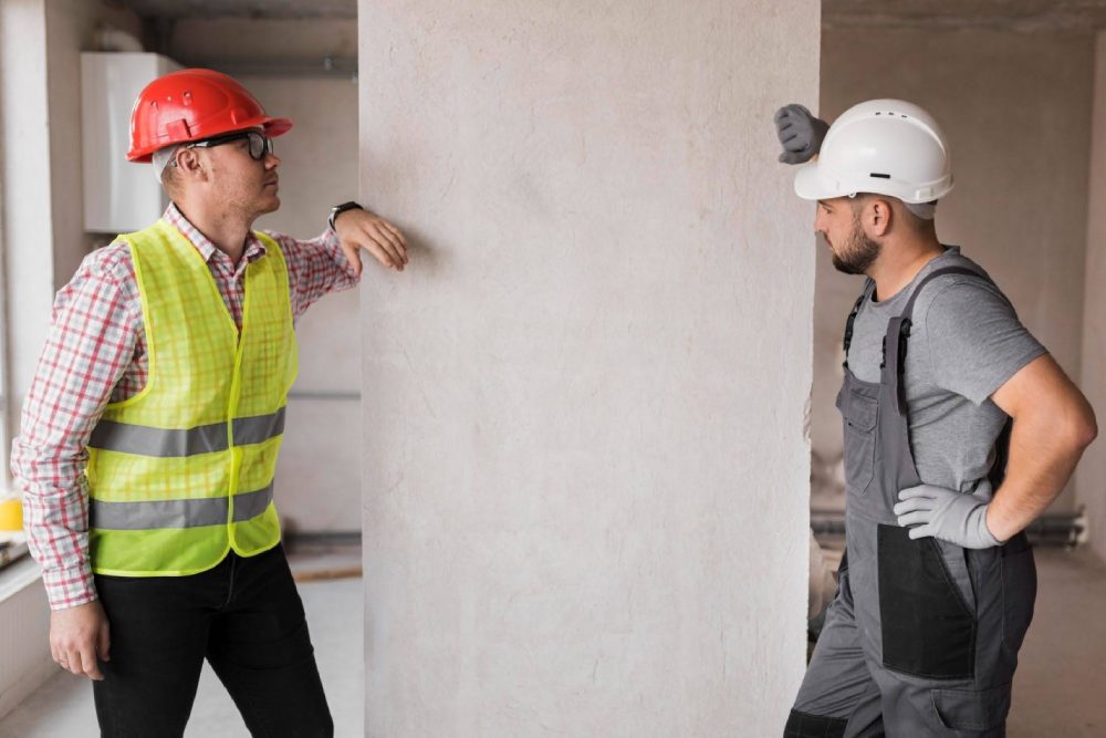 Workers applying ready made plaster for walls in a modern construction project